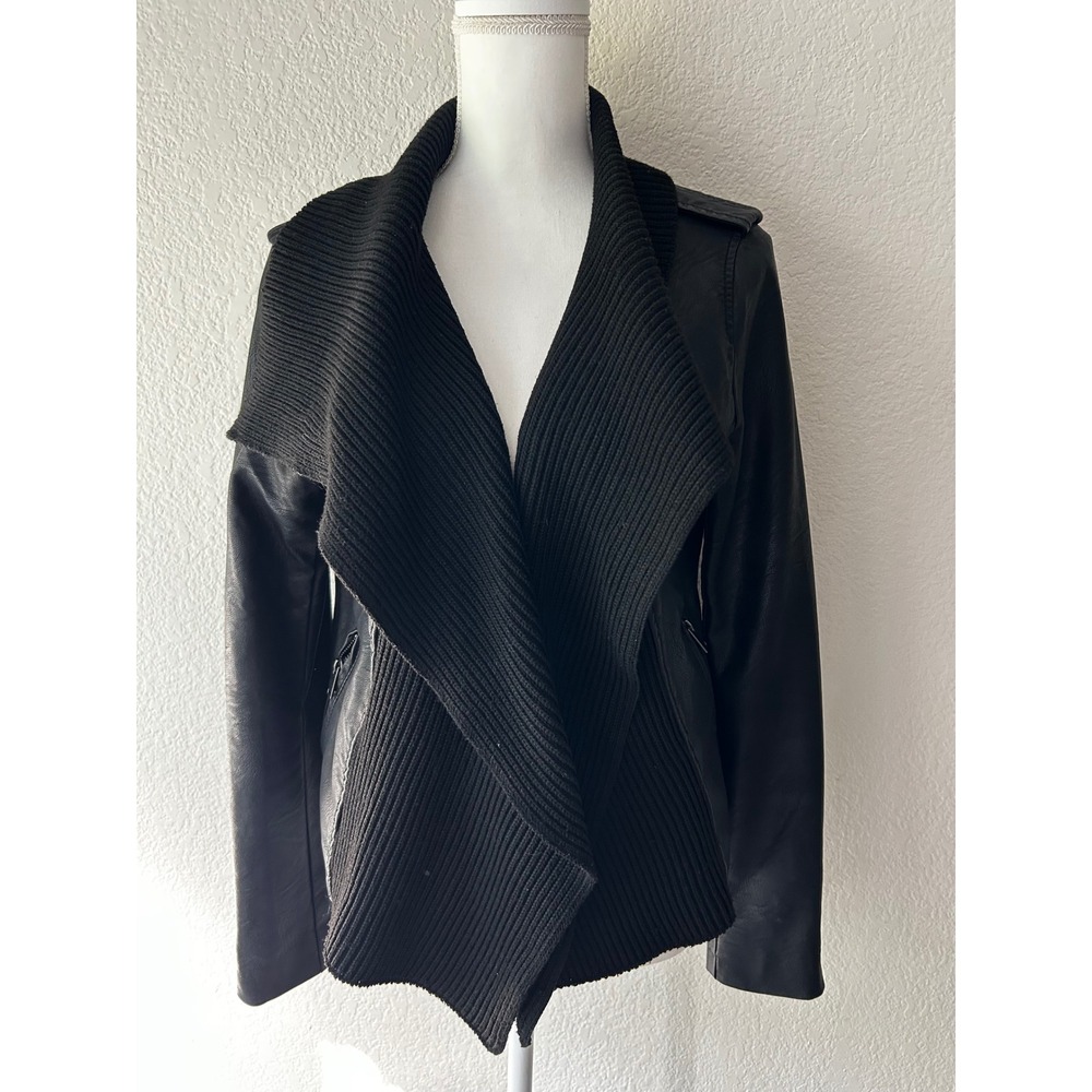 Cavalini Womens Black Faux Leather Knit Shawl Collar Moto Jacket Size M PUJK528M